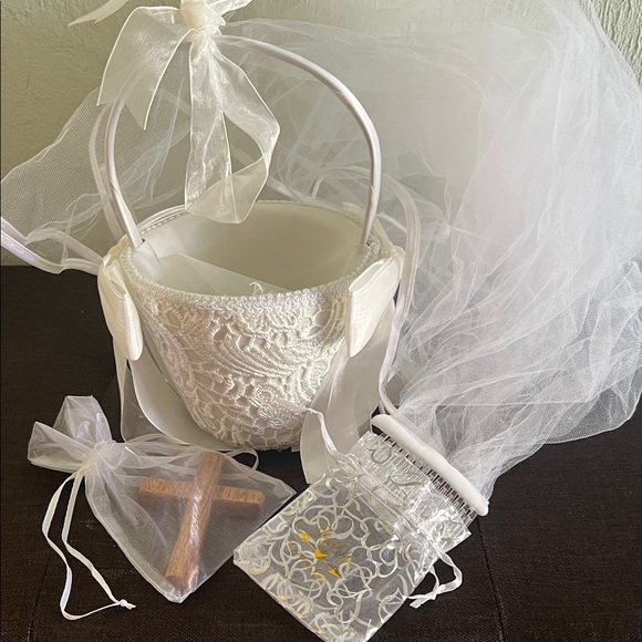 Weddington Way Accessories - # 0702** White Lace Flower Wedding Tings Basket with Veil. W/ real Wood Cross.